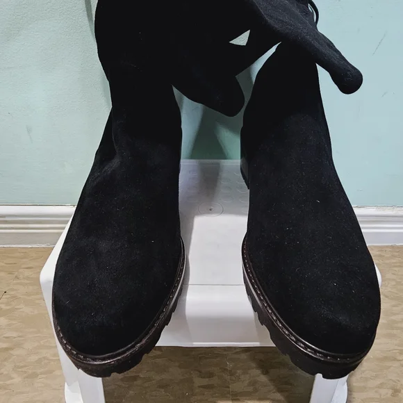 NEW STUART WEITZMAN Blaire City Black Suede Leather OTK Tie Block Heel Boots 9.5 - Picture 7 of 13